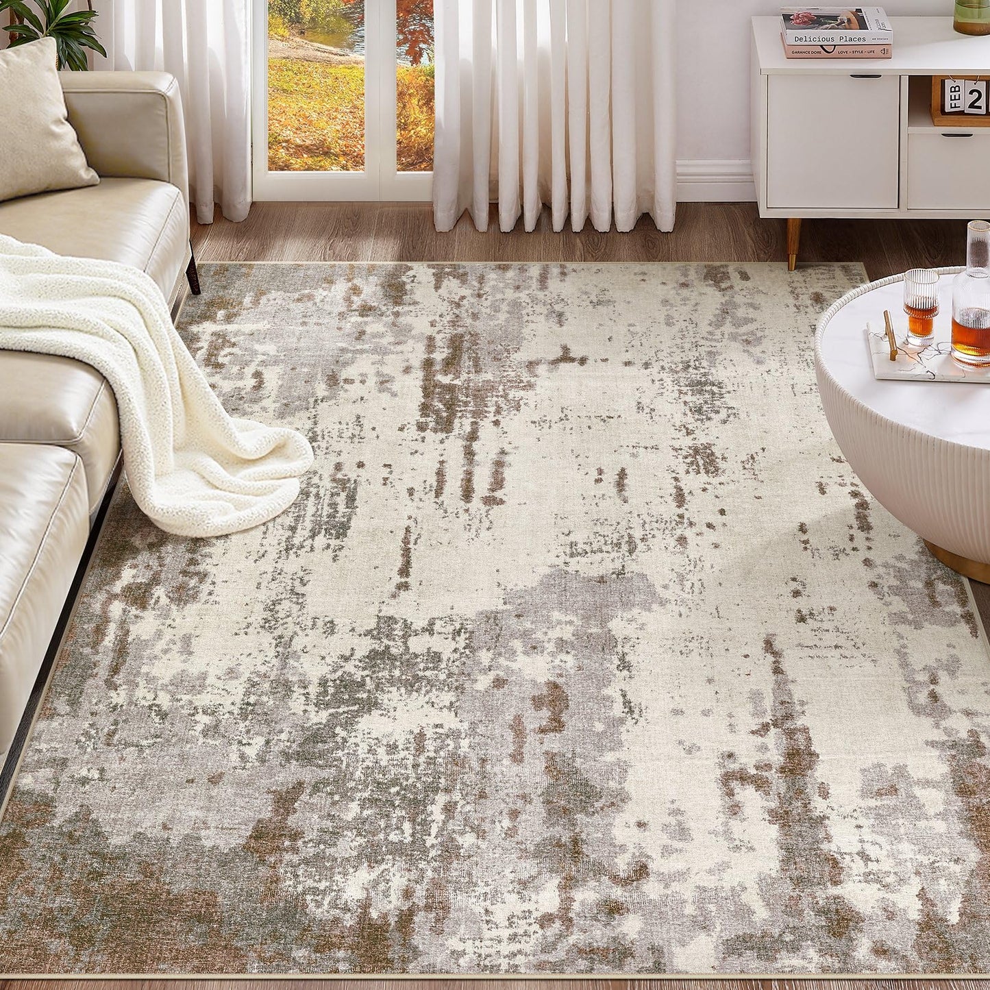 UERMEI 9x12 Area Rug Living Room Rugs - Washable Neutral Modern Abstract Soft Thin Large Rug Indoor Floor No Slip Rug Carpet for Bedroom Under Dining Table Home Office Decor - Brown Grey