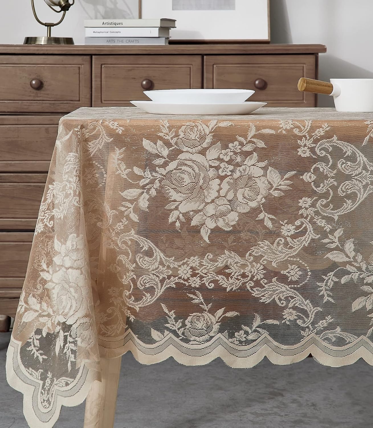 Warm Home Designs 60 x 120 Gold Rectangle Lace Tablecloth. LTC Linen 120 | Golden Rectangle Tablecloth with English Rose Design. Rustic Rectangular Tablecloth or Dining Table Cover for 10-12 Guests.