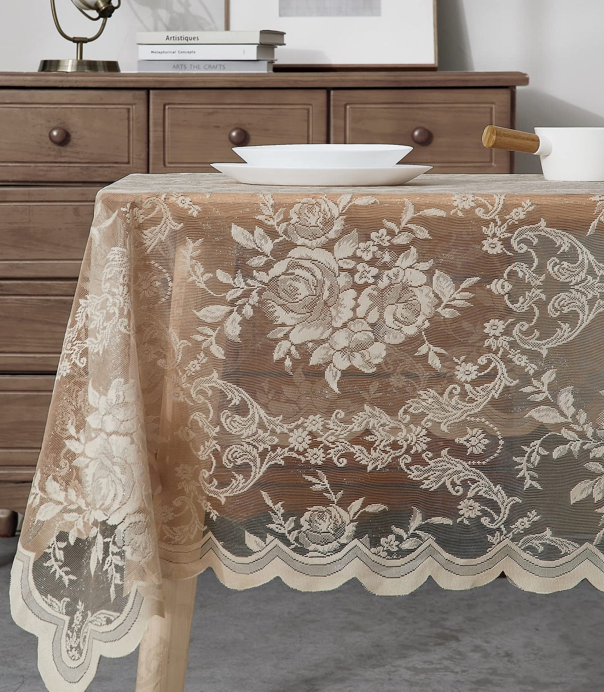 Warm Home Designs 60 x 120 Gold Rectangle Lace Tablecloth. LTC Linen 120 | Golden Rectangle Tablecloth with English Rose Design. Rustic Rectangular Tablecloth or Dining Table Cover for 10-12 Guests.