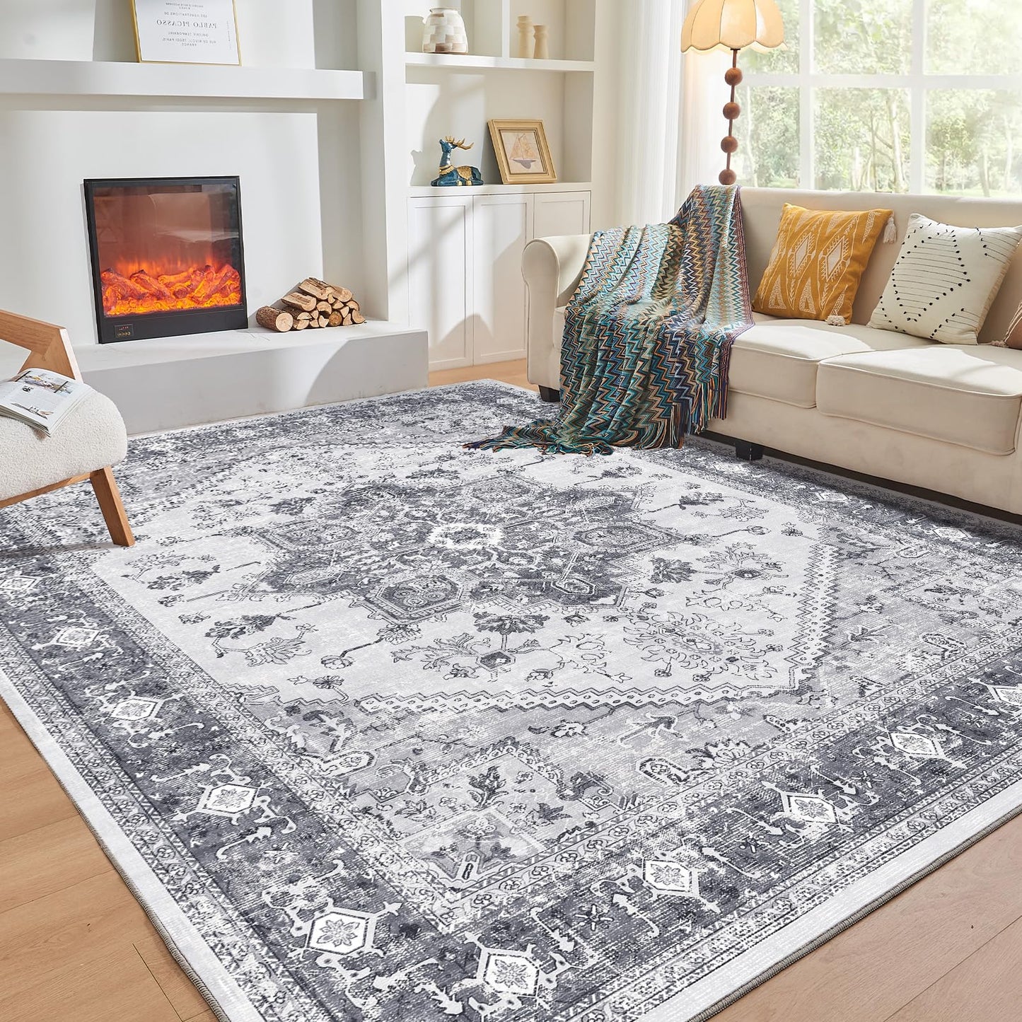 OPPODREAM Soft Area Rugs 5x7, Persian-Inspired Washable Rug, Blue & Gold | Low-Pile Faux Cashmere Surface, TPR Non-Slip Backing, 5 x 7 Carpet for Bedroom, Office, Dorm, Dining Room