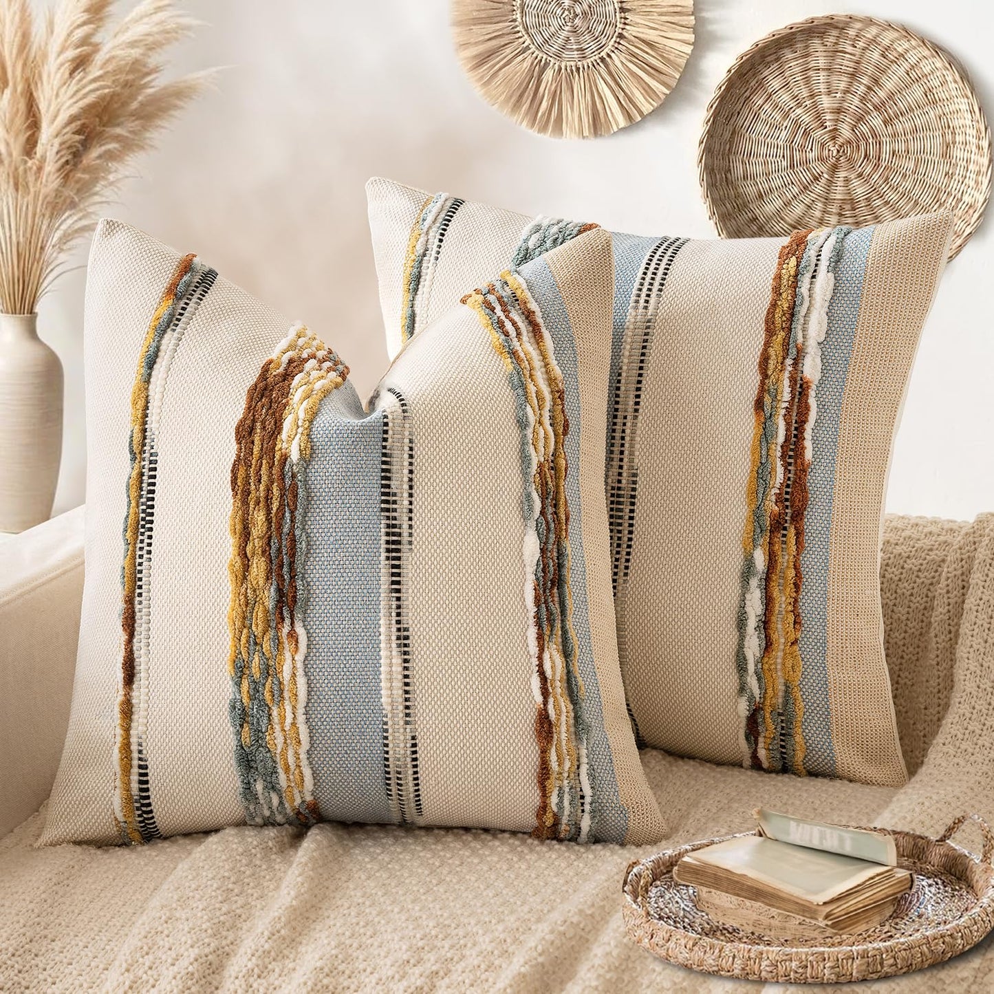 ANRODUO Boho Decorative Pillow Covers Olive Green Stripe 18x18 Pack of 2 | Throw Pillow Covers, Farmhouse Cushion Case, Chenille Pillow Cases, Pillow Covers, Accent Neutral Pillowcase for Couch Bed