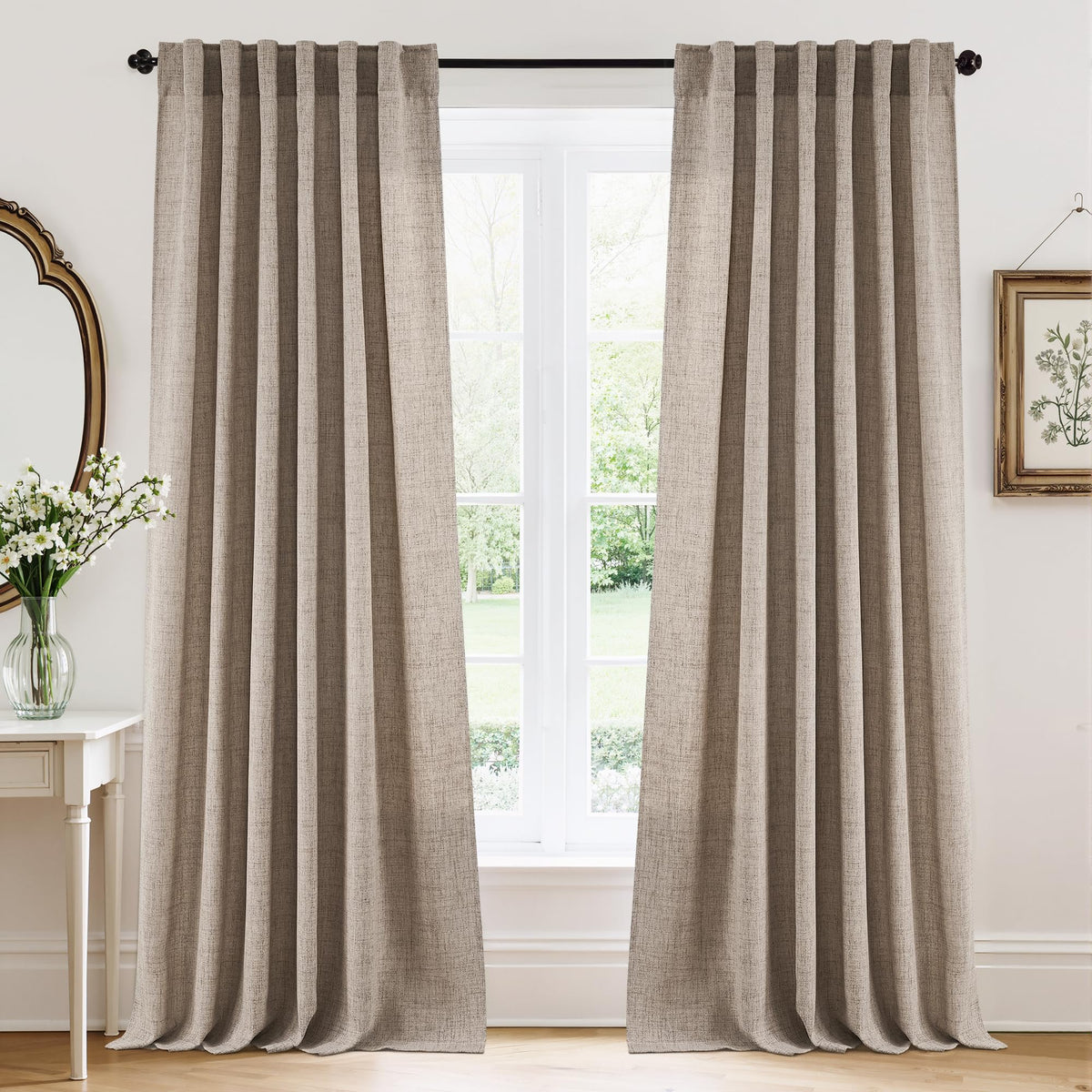 RYB HOME White Sheer Curtains for Living Room Patio Glass Door, W52 x L95 | Linen Texture, Light Filtering Privacy, Airy Translucent, Back Tab, Bedroom Office Balcony, W52 x L95, 2 Panels