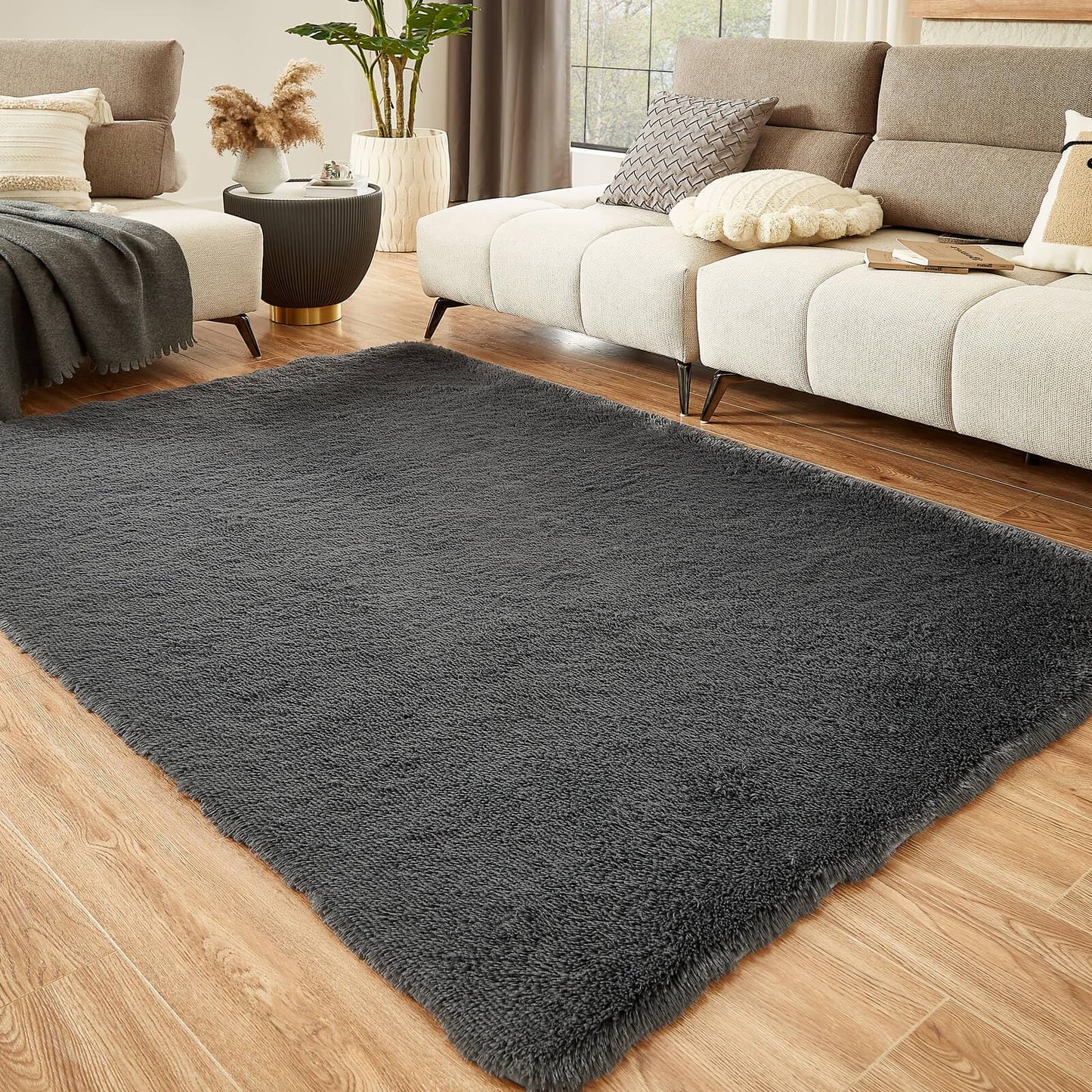 Floralux Rugs for Living Room, 6x9 Large Shag Area Rug, Tie-Dyed Light Grey Soft Fluffy Carpets for Bedroom