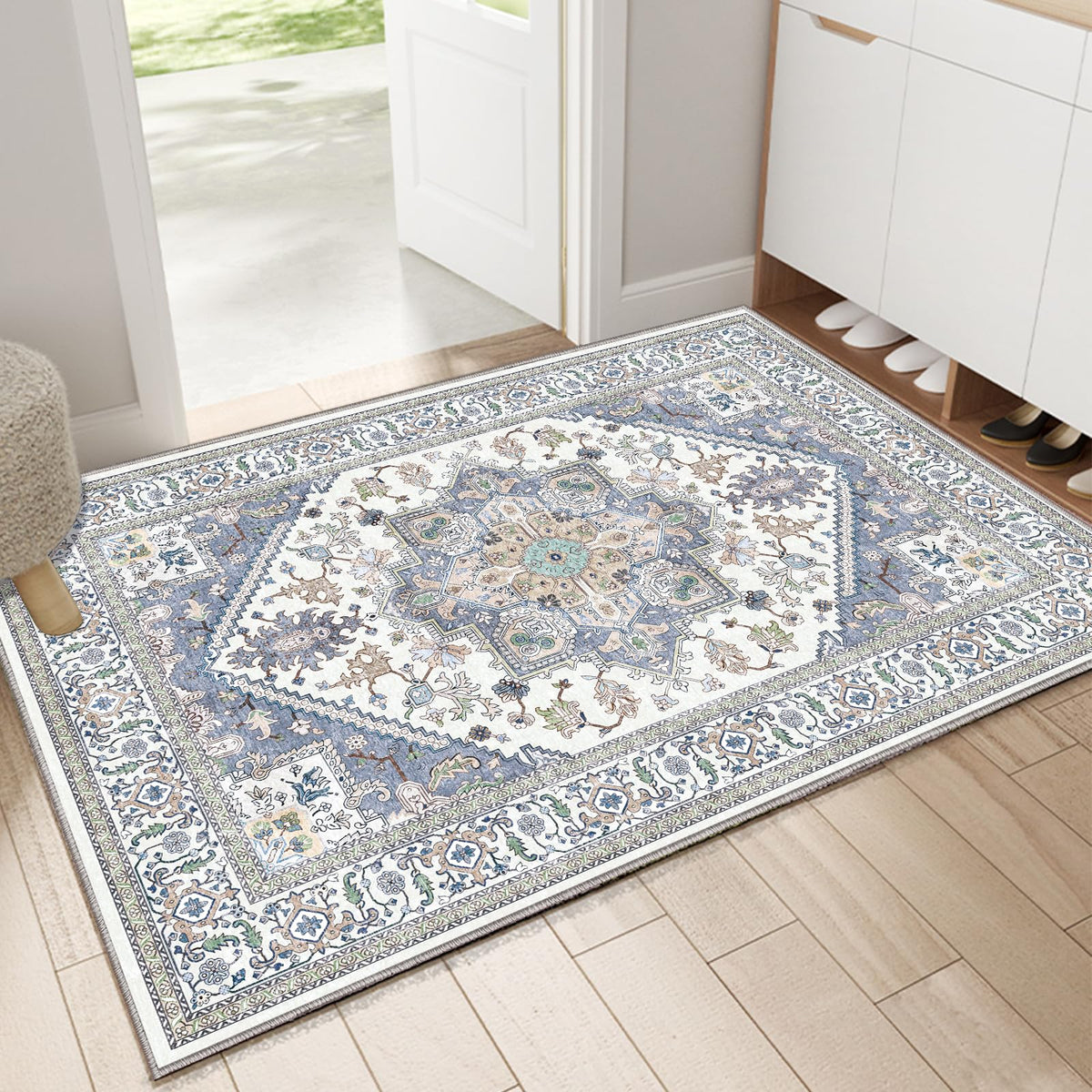 OPPODREAM Soft Area Rugs 5x7, Persian-Inspired Washable Rug, Blue & Gold | Low-Pile Faux Cashmere Surface, TPR Non-Slip Backing, 5 x 7 Carpet for Bedroom, Office, Dorm, Dining Room
