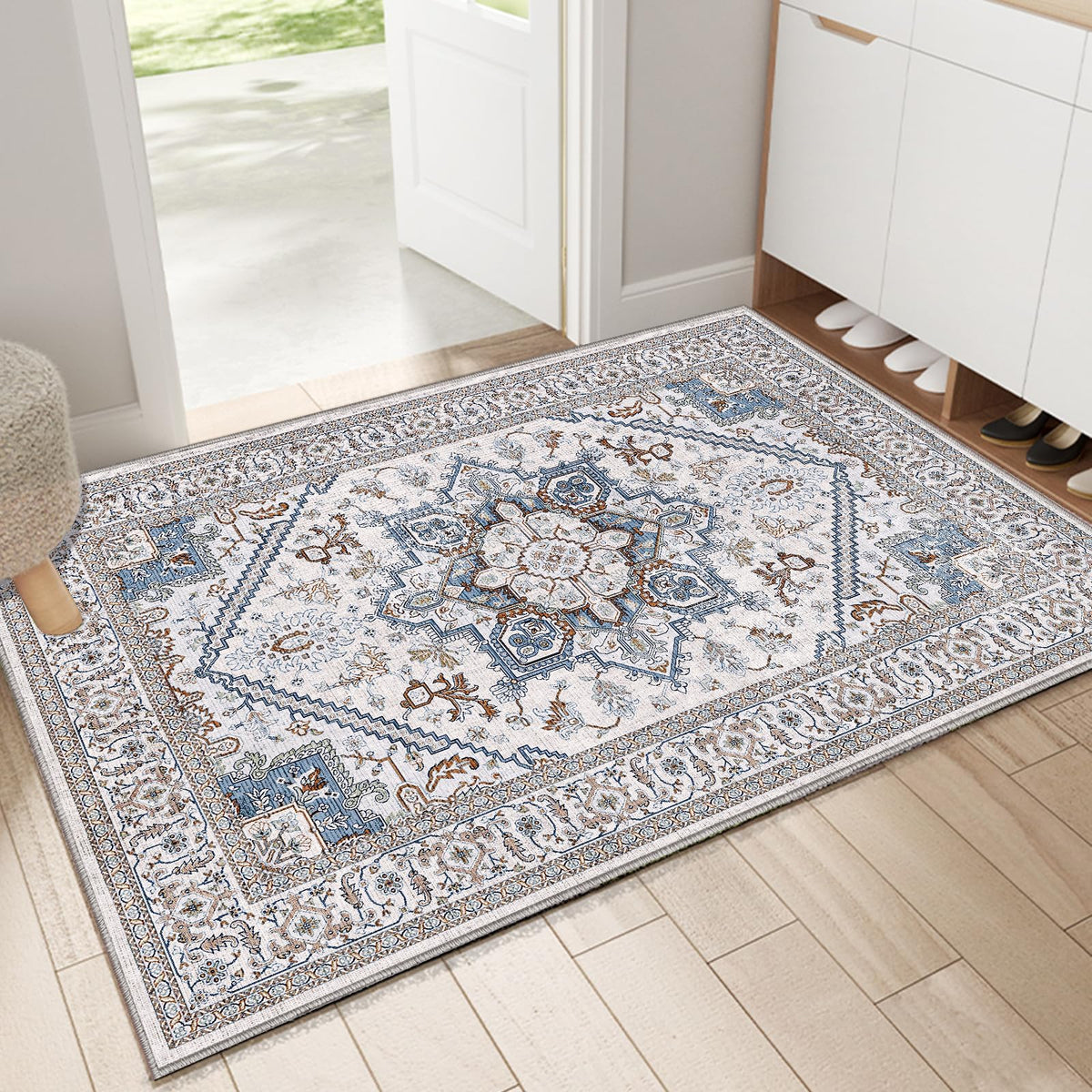 OPPODREAM Soft Area Rugs 5x7, Persian-Inspired Washable Rug, Blue & Gold | Low-Pile Faux Cashmere Surface, TPR Non-Slip Backing, 5 x 7 Carpet for Bedroom, Office, Dorm, Dining Room