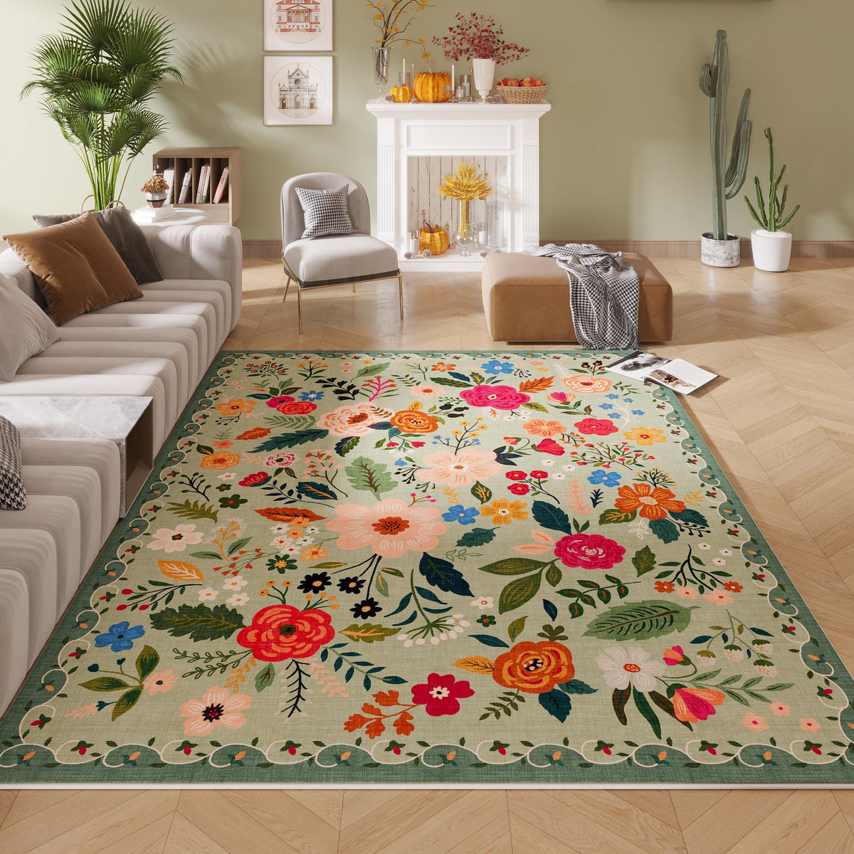 Rugcomf Living Room Rug 5x7 Rug Machine Washable Boho Area Rug Non Slip Floral Vintage Low Pile Large Rugs for Living Room, Bedroom, Farmhouse, Dining Room, Kids Playroom(Black)