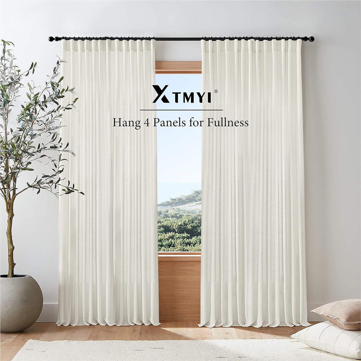Linen Cotton Curtains for Living Room, Cream Off White Natural Fabric Light Filtering Semi Sheer Curtains 84 Inches Long, Ivory Pleated Farmhouse Curtain Drapes 84 Inch Length 2 Panels Set Dining Room