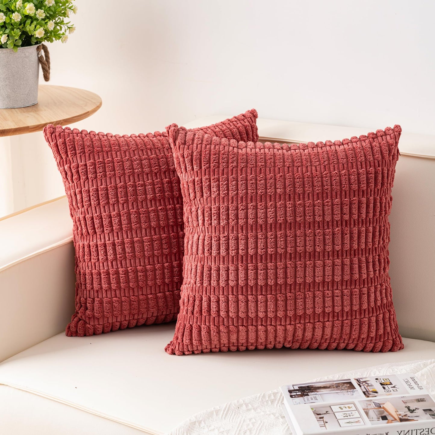 Pack of 2 Corduroy Decorative Throw Pillow Covers 18x18 Inch, Cream White | Fall Soft Striped Pillow Covers Modern Farmhouse Home Decor Christmas Throw Pillow Covers for Sofa Living Room Couch Bed ﻿