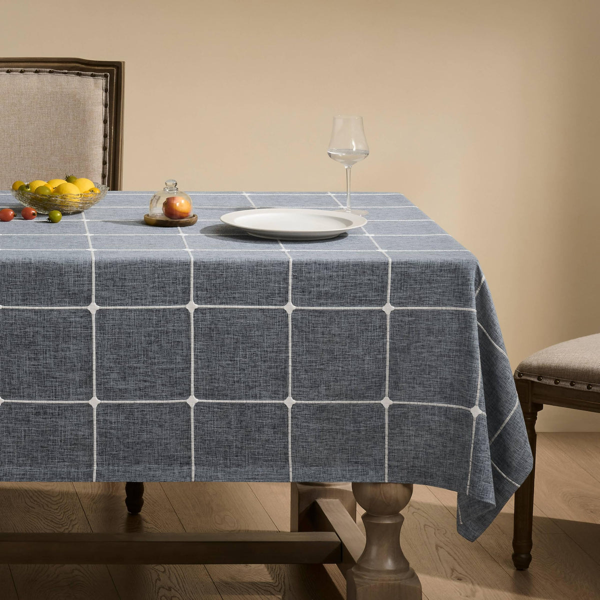 Grid Embroidered Rectangle Hemmed Tablecloths 60x120in, Blue | Heavy Weight Non-sheer Linen Fabric, Mitered Corner Finish, Water Resistant Farmhouse Table Cover, Boho Plaid Home Decor