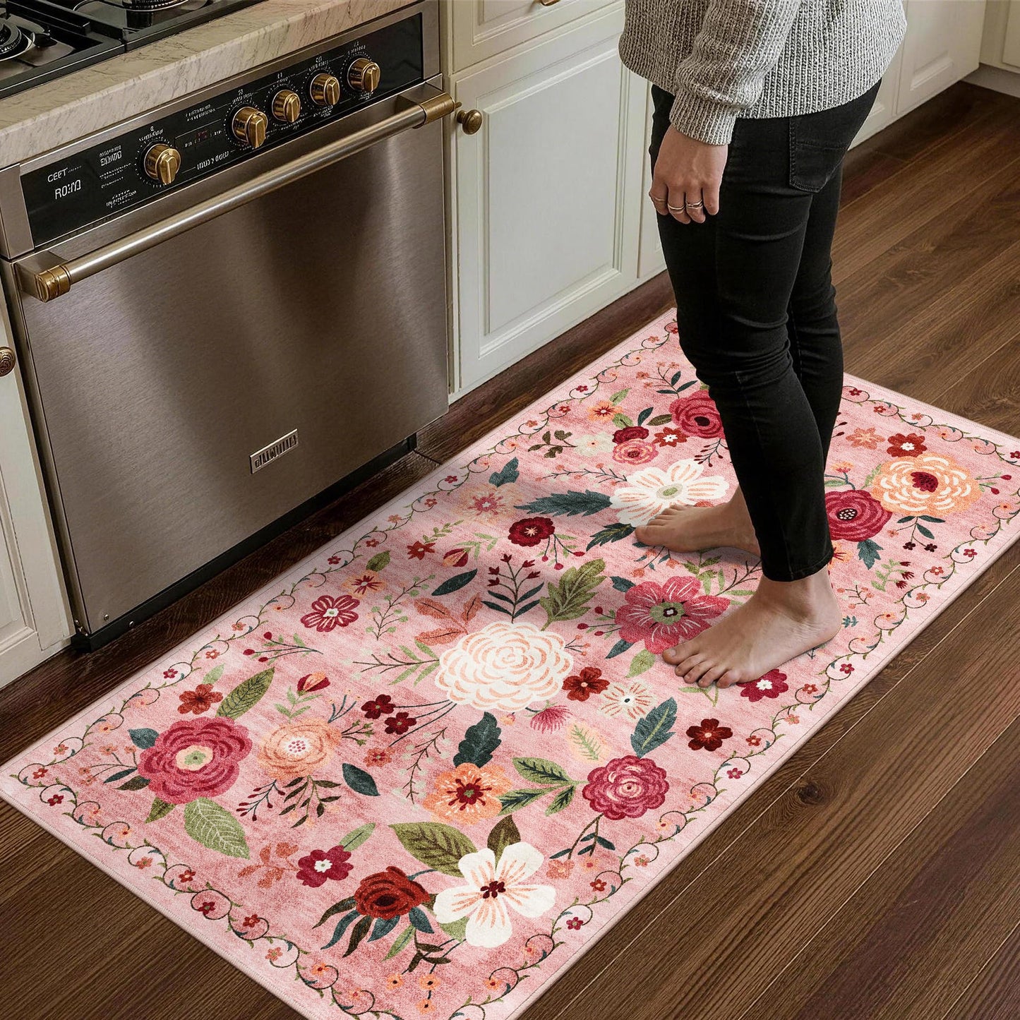 5x7 Washable Area Rug Green Boho Floral for Living Room Bedroom Nursery | Carpet for Dining Room, Soft Low-Pile Non-Slip Faux Wool, Farmhouse Indoor, Kid & Pet Friendly, Stain, Fade & Wear Resistant