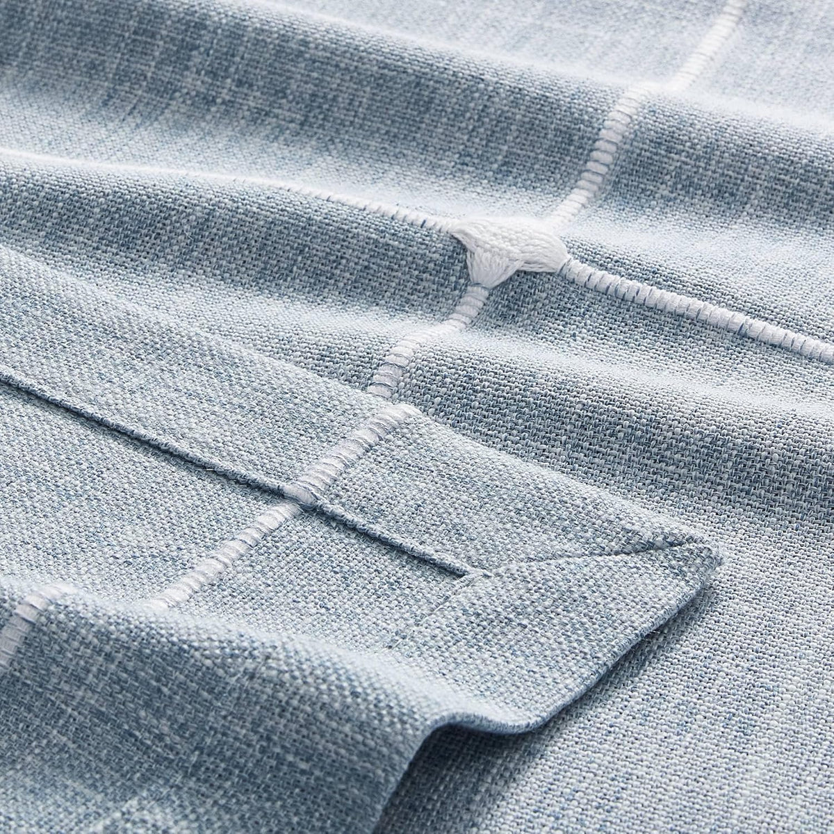 Grid Embroidered Rectangle Hemmed Tablecloths 60x120in, Blue | Heavy Weight Non-sheer Linen Fabric, Mitered Corner Finish, Water Resistant Farmhouse Table Cover, Boho Plaid Home Decor