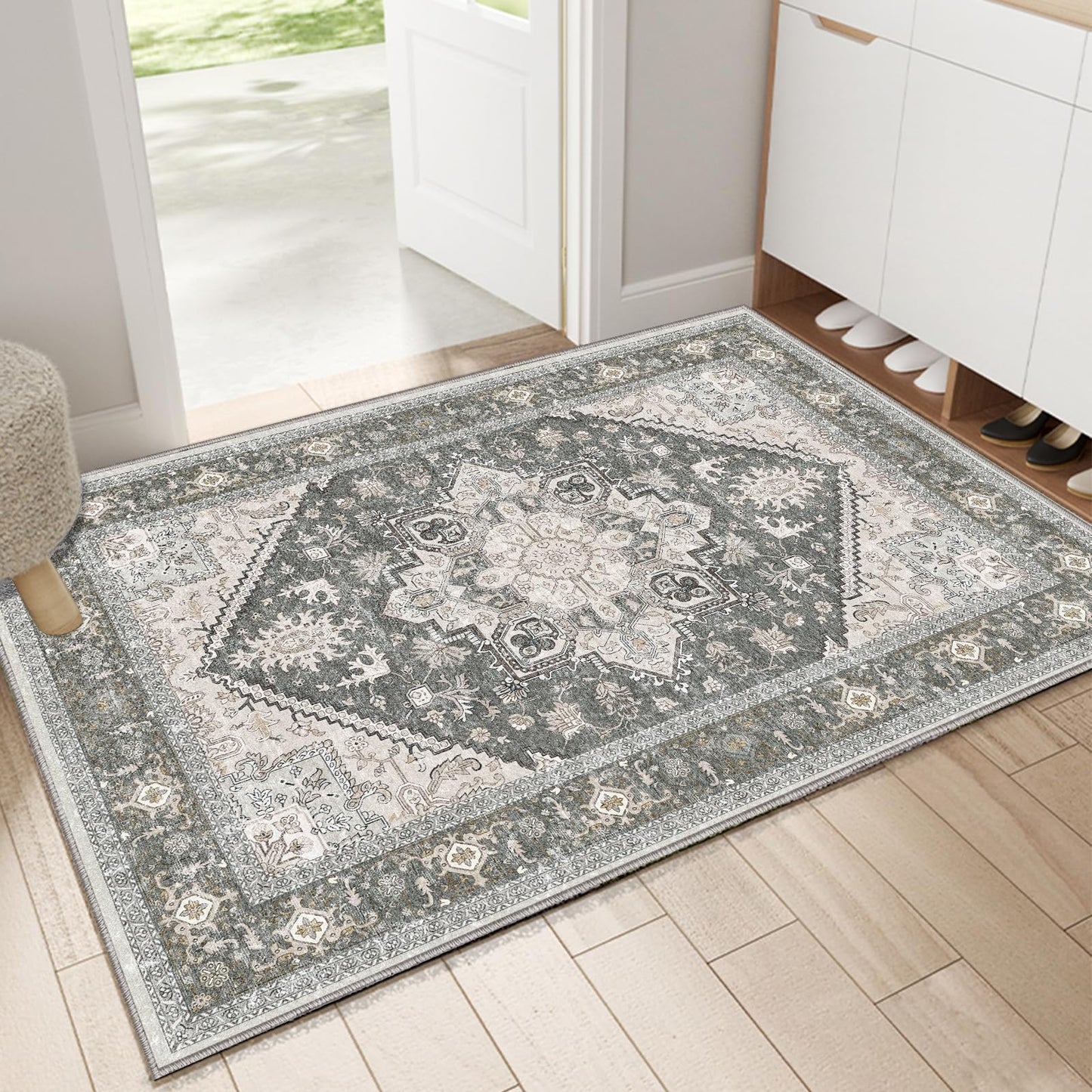 OPPODREAM Soft Area Rugs 5x7, Persian-Inspired Washable Rug, Blue & Gold | Low-Pile Faux Cashmere Surface, TPR Non-Slip Backing, 5 x 7 Carpet for Bedroom, Office, Dorm, Dining Room