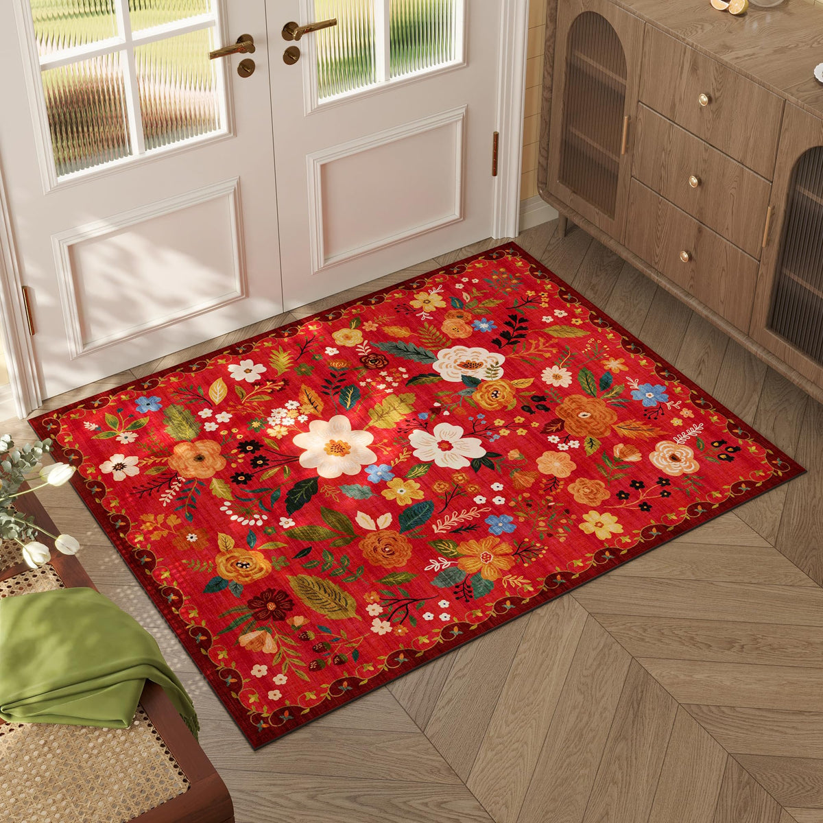 Rugcomf Living Room Rug 5x7 Rug Machine Washable Boho Area Rug Non Slip Floral Vintage Low Pile Large Rugs for Living Room, Bedroom, Farmhouse, Dining Room, Kids Playroom(Black)
