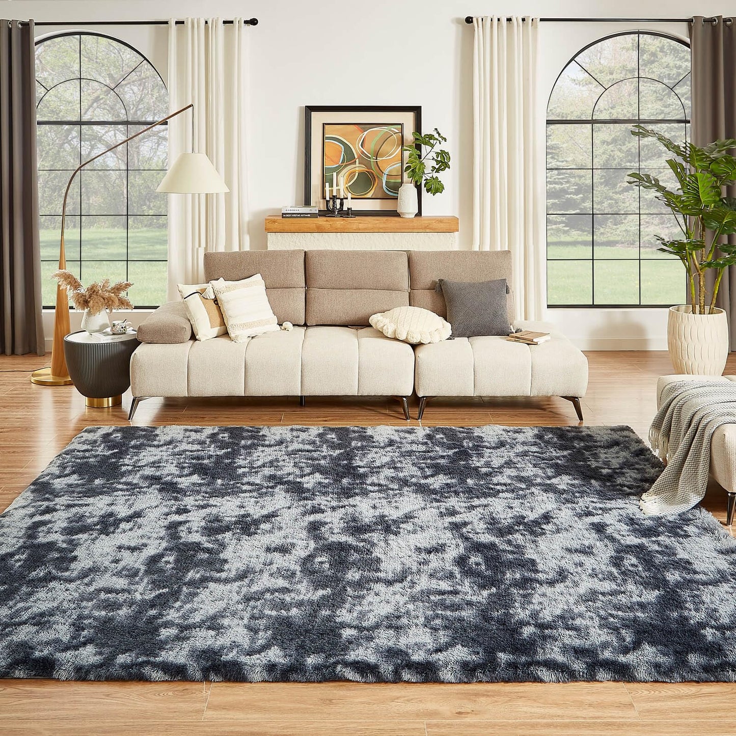 Floralux Rugs for Living Room, 6x9 Large Shag Area Rug, Tie-Dyed Light Grey Soft Fluffy Carpets for Bedroom
