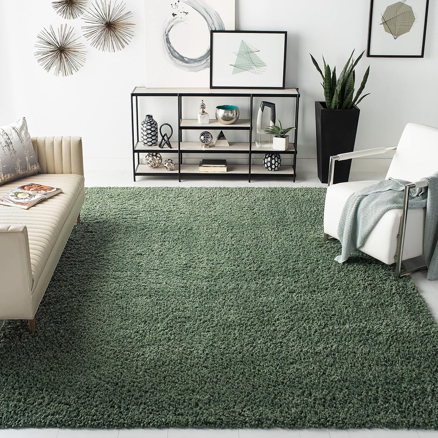 SAFAVIEH August Shag Collection Area Rug - 10' x 14', Green, Solid Design, Non-Shedding & Easy Care, 1.5-inch Thick Ideal for High Traffic Areas in Living Room, Bedroom (AUG200Y)