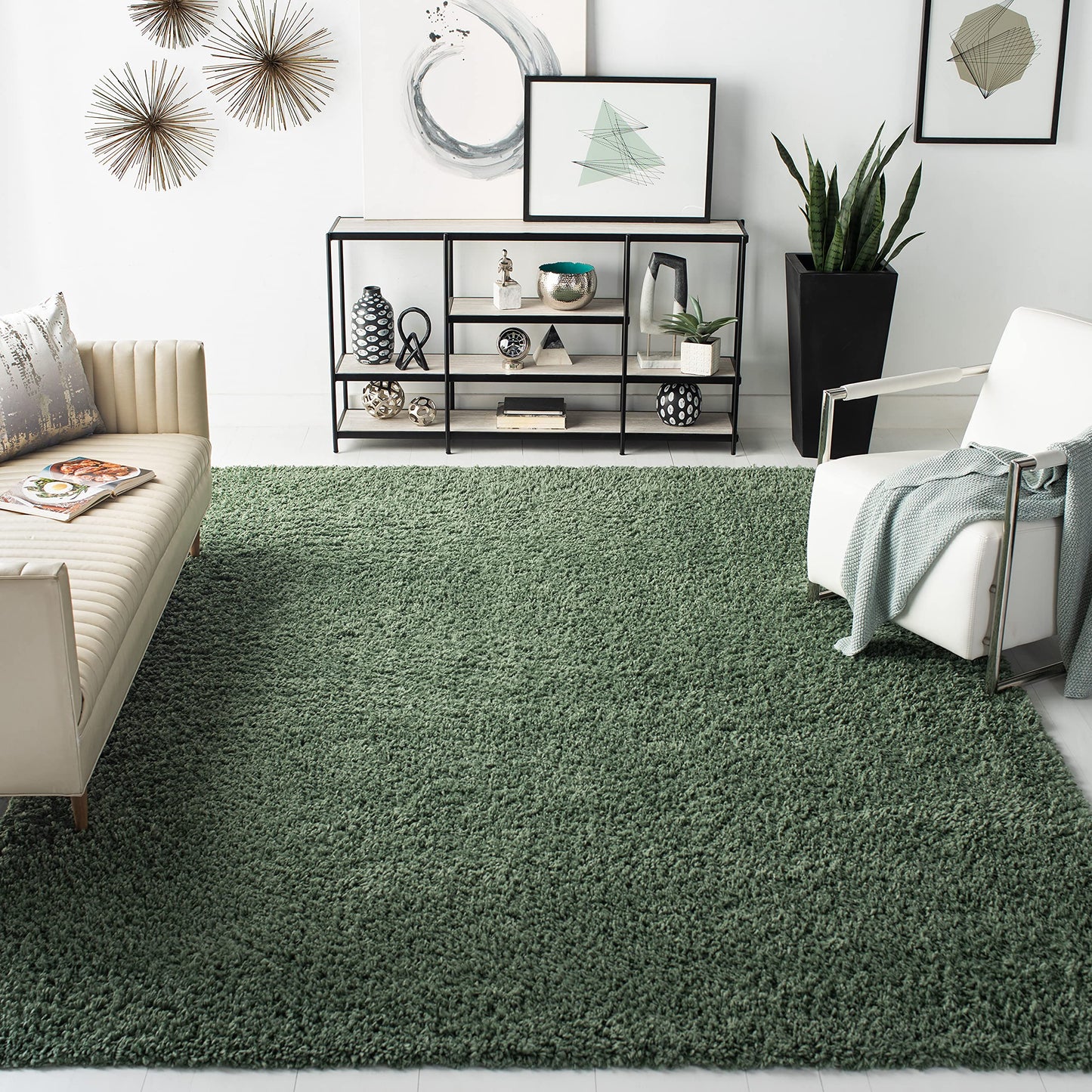 SAFAVIEH August Shag Collection Area Rug - 10' x 14', Green, Solid Design, Non-Shedding & Easy Care, 1.5-inch Thick Ideal for High Traffic Areas in Living Room, Bedroom (AUG200Y)