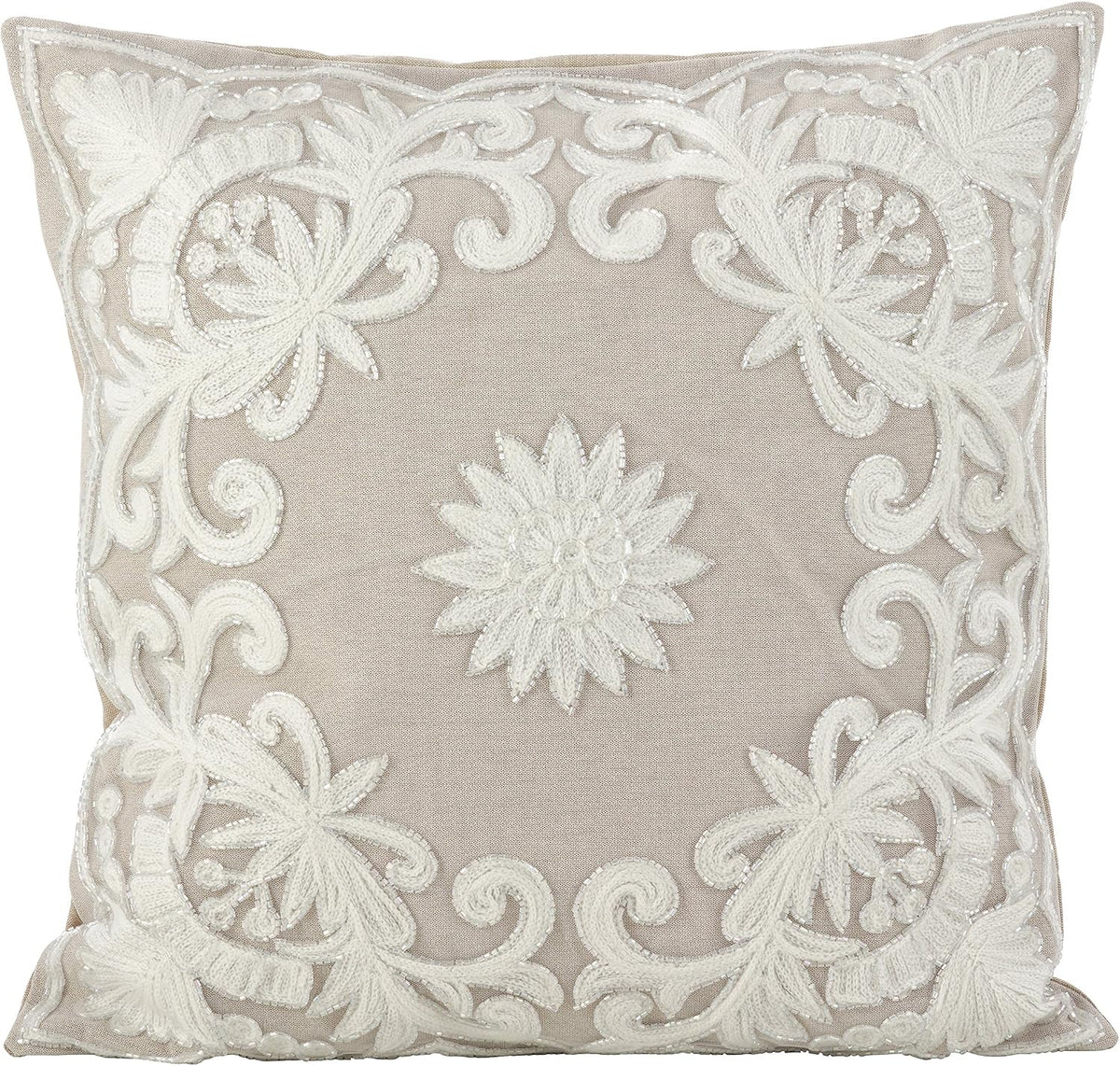 SARO LIFESTYLE Embroidered Floral Design Beaded Cotton Poly Filled Throw Pillow, 18", Multi