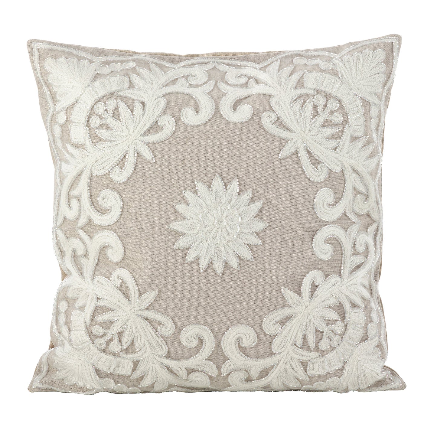 SARO LIFESTYLE Embroidered Floral Design Beaded Cotton Poly Filled Throw Pillow, 18", Multi