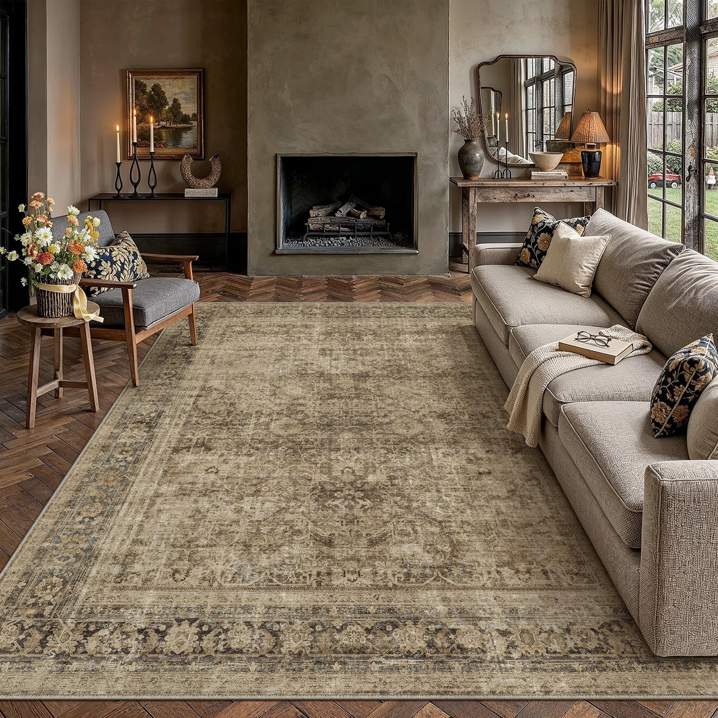 8x10 Area Rug Brown Vintage Distressed Carpet | Washable, Non Slip, Soft Low Pile, Indoor Retro Rugs for Large Living Room, Dining Room, Bedroom