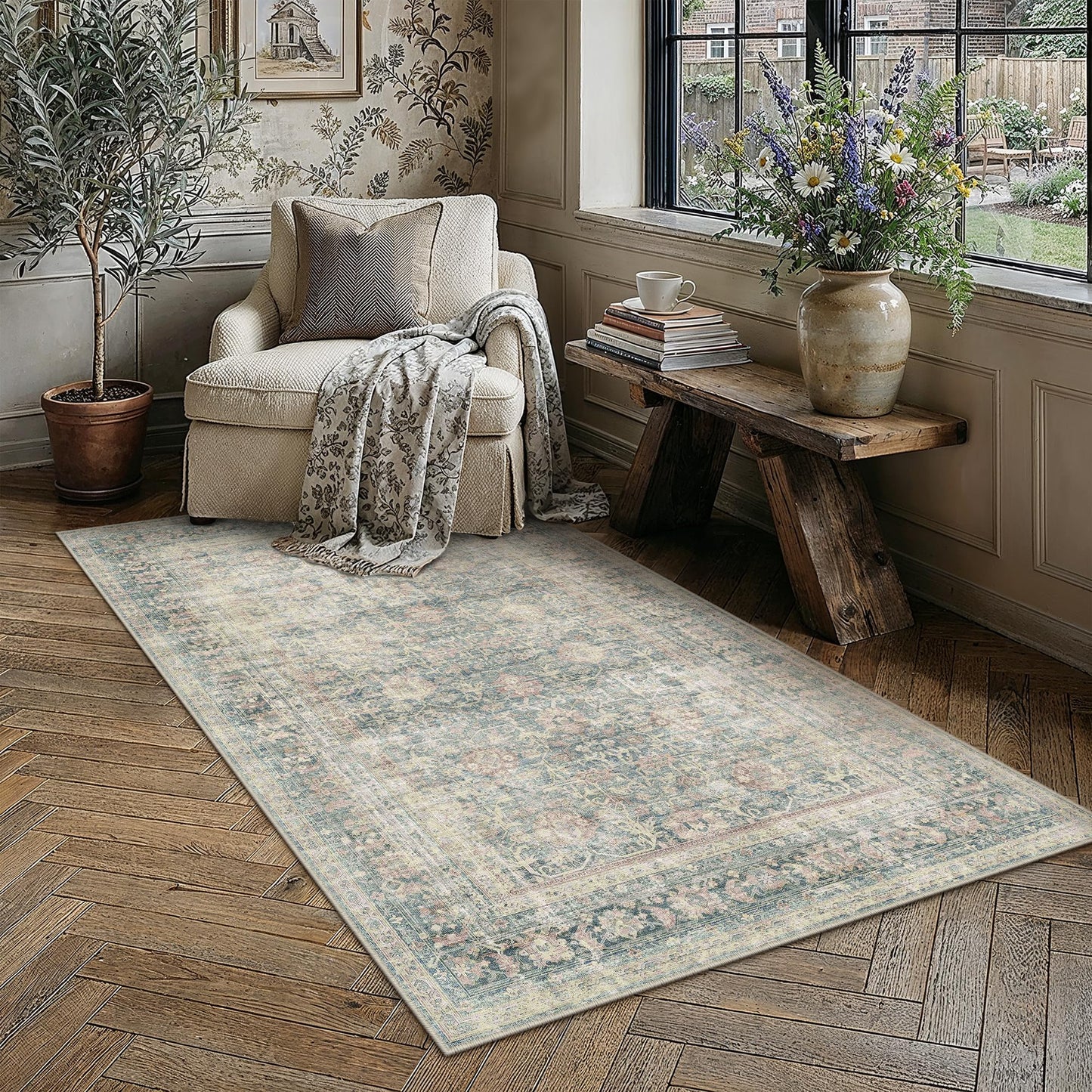 8x10 Area Rug Brown Vintage Distressed Carpet | Washable, Non Slip, Soft Low Pile, Indoor Retro Rugs for Large Living Room, Dining Room, Bedroom