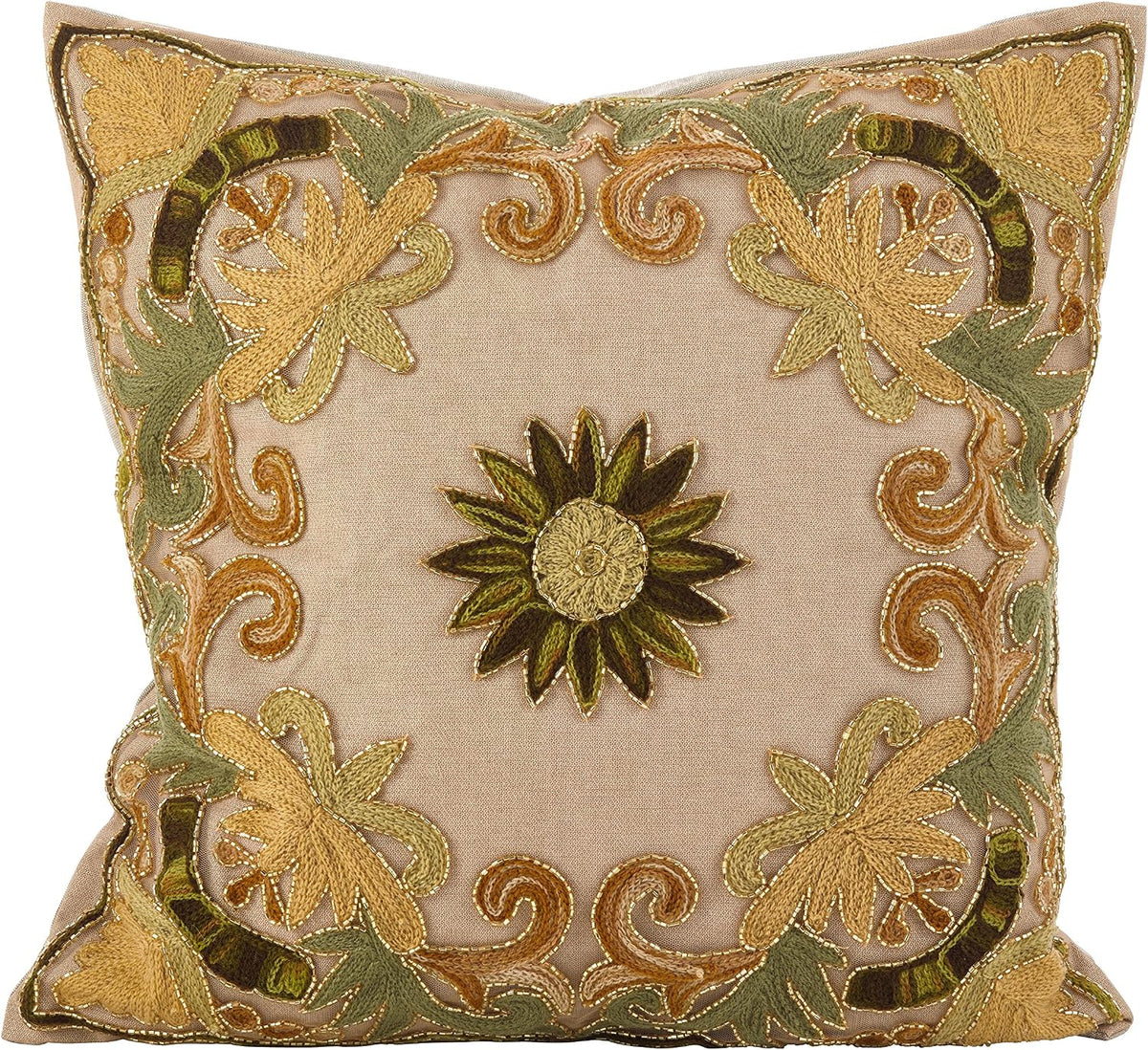 SARO LIFESTYLE Embroidered Floral Design Beaded Cotton Poly Filled Throw Pillow, 18", Multi