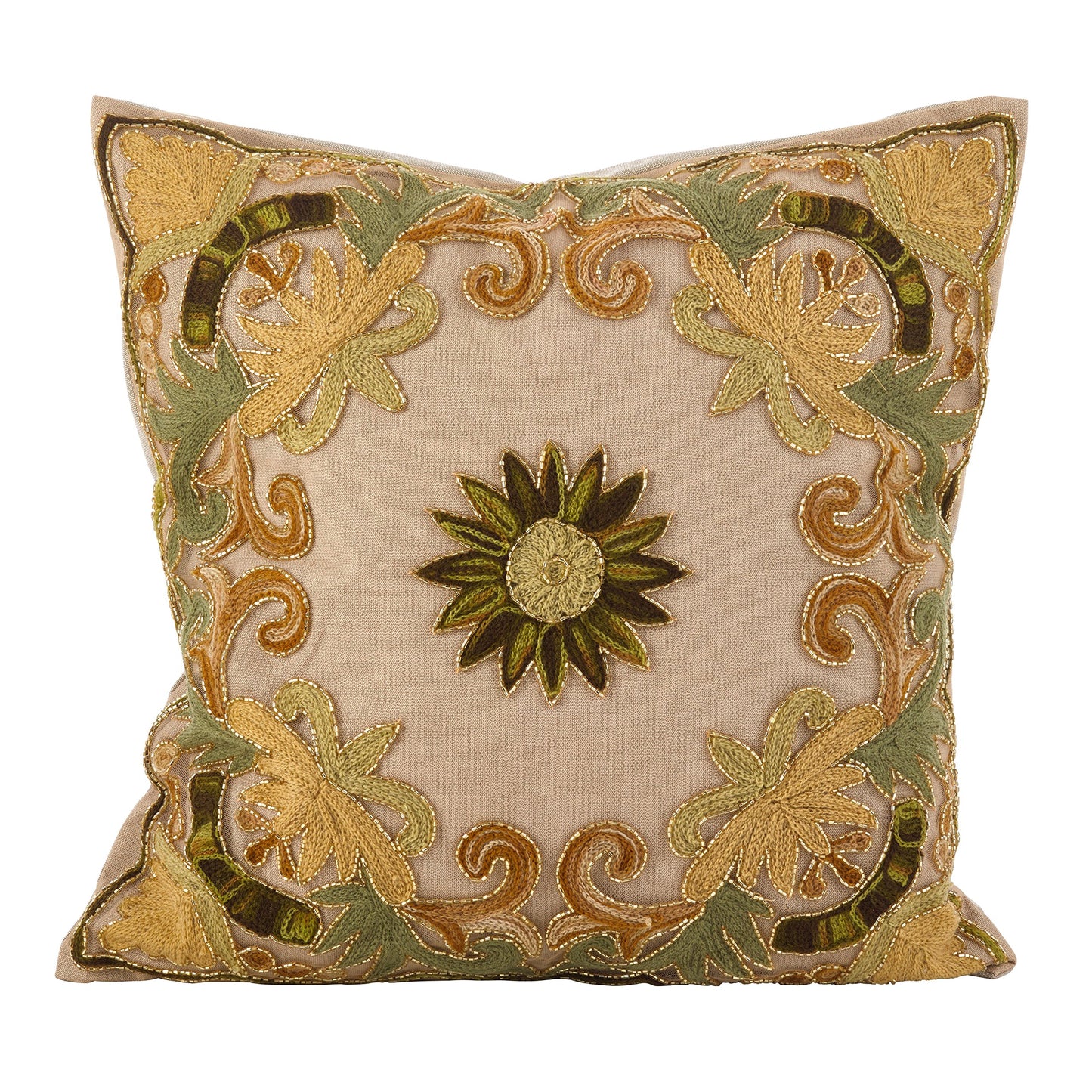 SARO LIFESTYLE Embroidered Floral Design Beaded Cotton Poly Filled Throw Pillow, 18", Multi