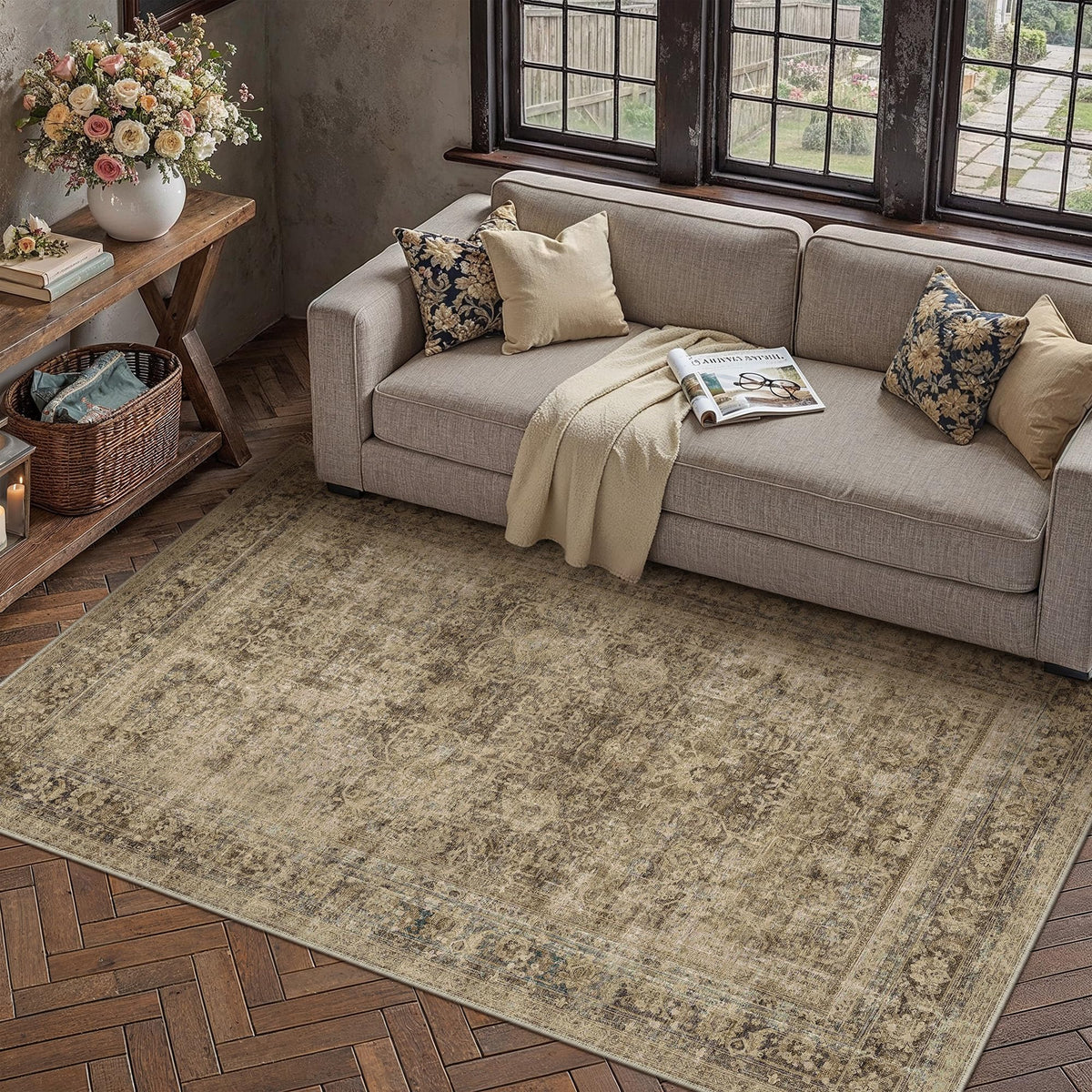 8x10 Area Rug Brown Vintage Distressed Carpet | Washable, Non Slip, Soft Low Pile, Indoor Retro Rugs for Large Living Room, Dining Room, Bedroom