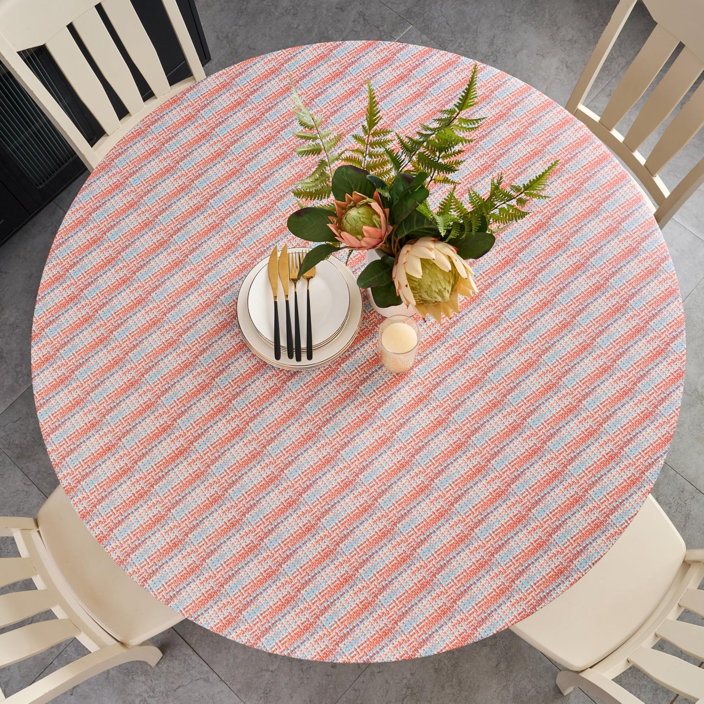 Pioggia Round Vinyl Fitted Tablecloth with Flannel Backing Elastic Table Cloth Waterproof Oil-Proof Plastic Table Cover Best for 45"-56" Round