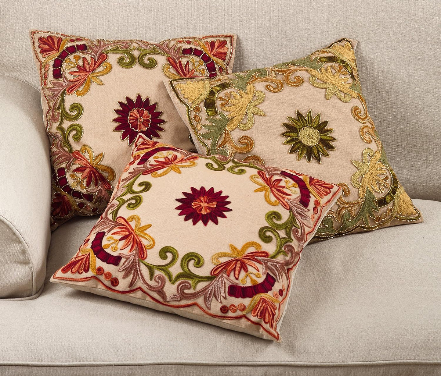 SARO LIFESTYLE Embroidered Floral Design Beaded Cotton Poly Filled Throw Pillow, 18", Multi