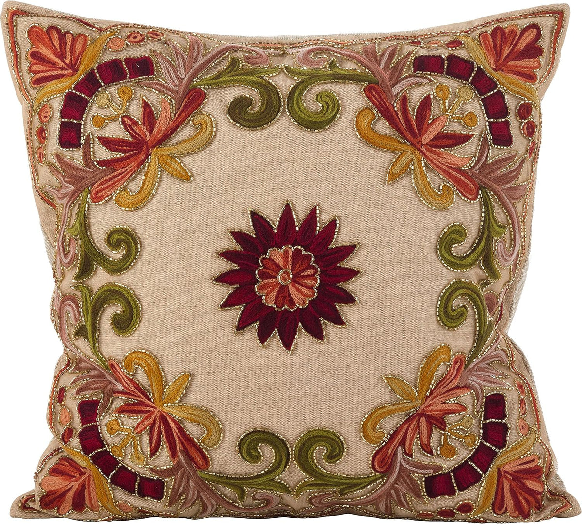 SARO LIFESTYLE Embroidered Floral Design Beaded Cotton Poly Filled Throw Pillow, 18", Multi