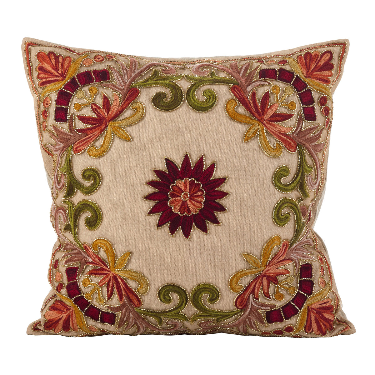 SARO LIFESTYLE Embroidered Floral Design Beaded Cotton Poly Filled Throw Pillow, 18", Multi