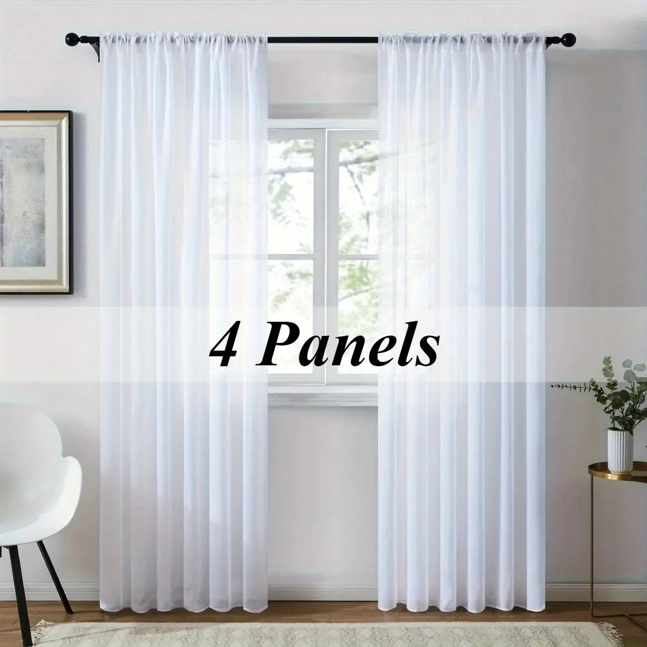 4-Panel Solid White Sheer Rod-Pocket Window Drapes, Transparent Lightweight Soft Home Textile Curtains for Bedroom & Living Room, 63/84/95/108in Length Sheer Panels