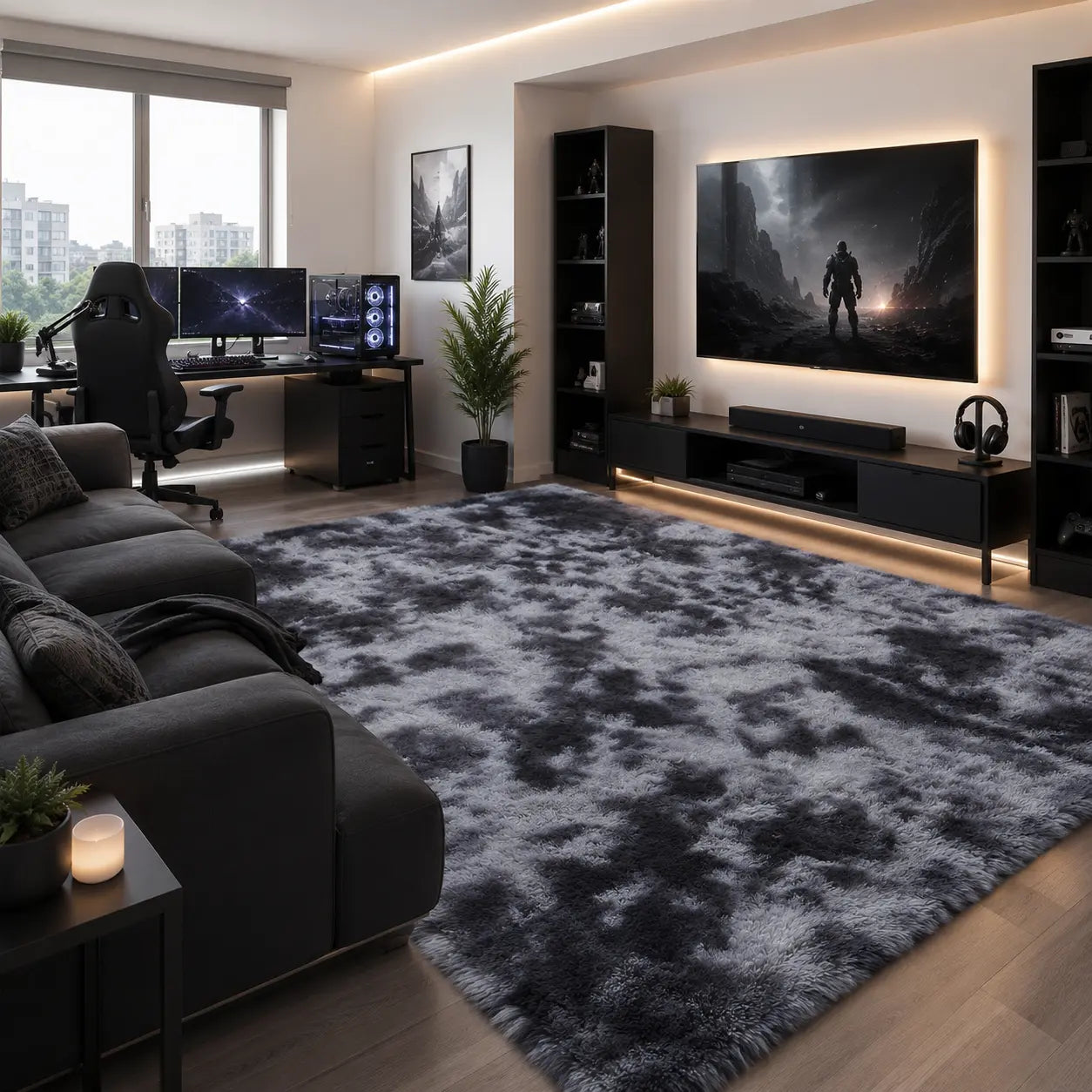 ComiComi Tie-Dye Shaggy 8x10 Area Rugs For Living Room, Ultra Soft Fluffy Plush Furry Carpet, Machine Washable, Non-Slip, Large Fuzzy Rugs For Bedroom,Gaming Room, Stream Room, Men's Room Apartment Decor, Dark Gray Black, Cool Rugs For Teenage Boy