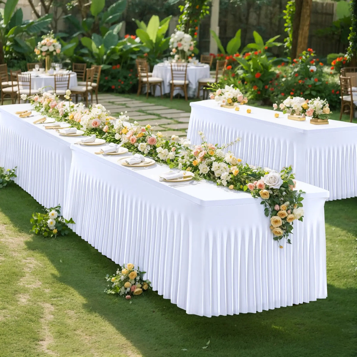 Stretchy Polyester Fitted Tablecloth - 1 Pack Washable Overlay with Wavy Ruffle Look, Quick Setup, Item-Hiding Design, Fits 4/8FT Rectangle & Square Tables, Classic Modern Party Decoration for Weddings, Home Supplies, Overlay Table Cover