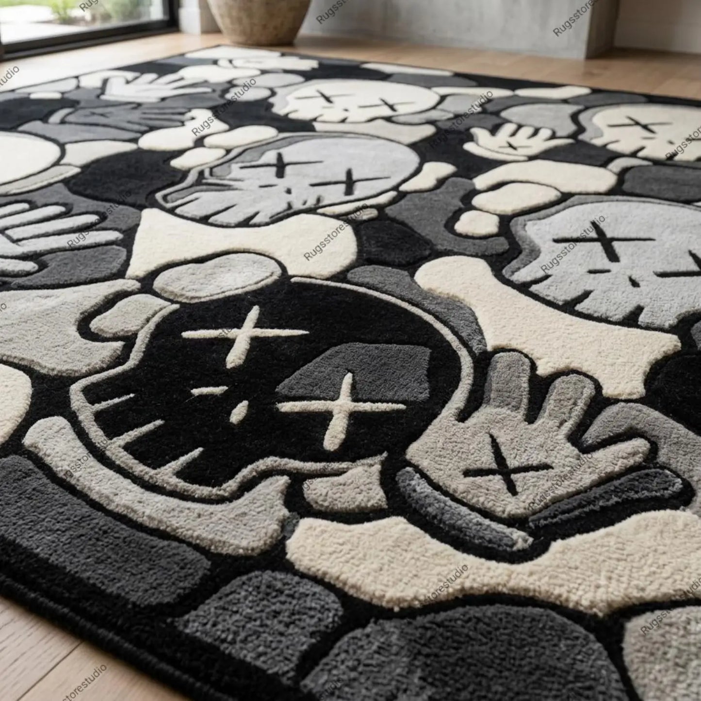 KAWS Inspired Large Hand-Tufted Wool Area Rug, Modern Abstract Grey Black Cream, Luxury Hypebeast Home Decor, Custom Sizes 8x10, 9x12, 10x14