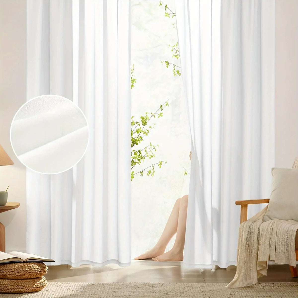 2-piece set of white breathable phantom gauze curtains, non transparent privacy filter curtains, top perforated hanging, sheer texture curtains, semi transparent curtains, suitable for bedrooms, kitchens, bathrooms, Curtain Panels